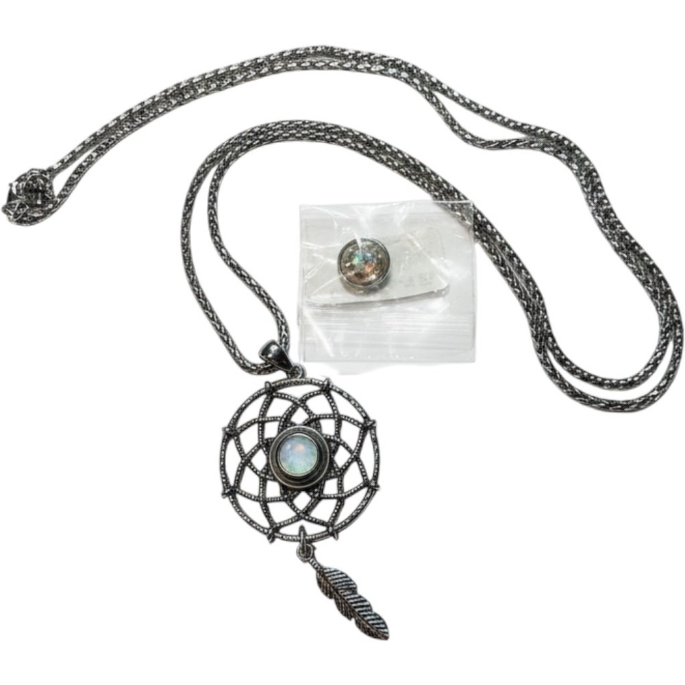 Ginger Snaps Dreamcatcher Necklace Interchangeable Stone Silver Tone Feather